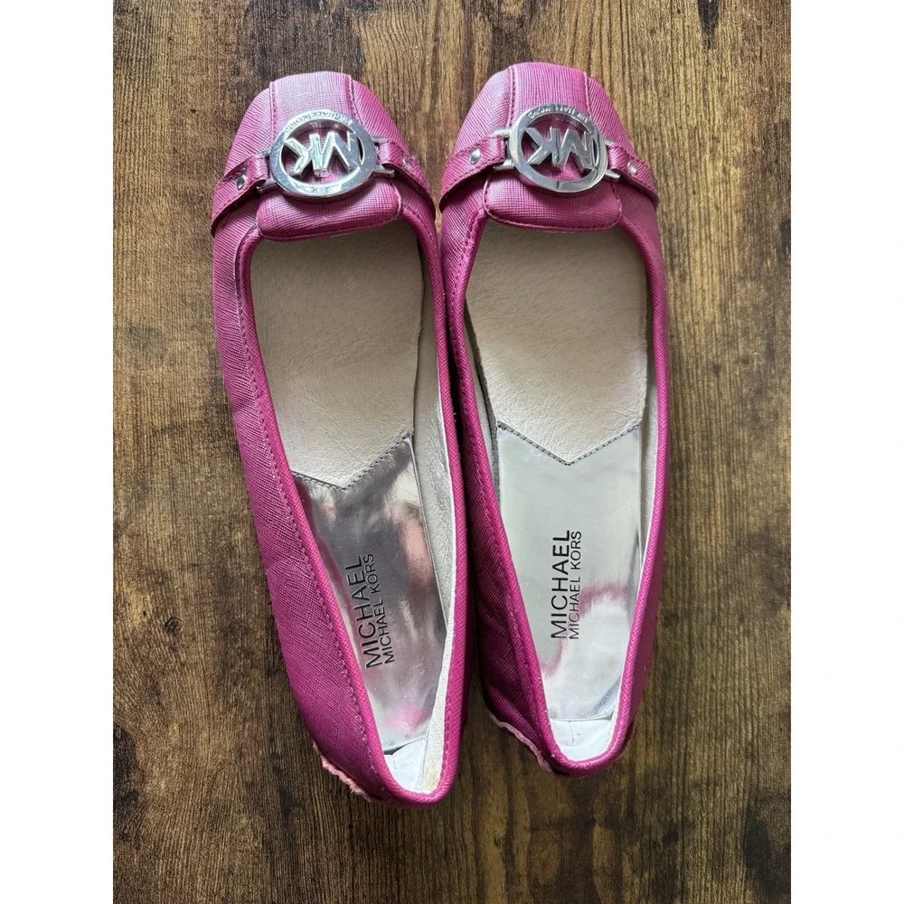 MICHAEL  Kors Hot Pink Silver Fulton Moc Ballet Leather slip on comfort Flats-9M